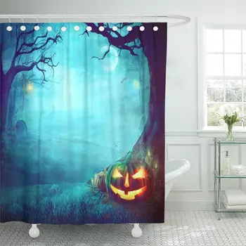 

Blue Spooky Halloween Pumpkin in Dark Forest Graveyard Orange Bathroom Curtains Waterproof Polyester Fabric 60 x 72 inches Set