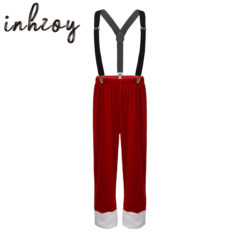 

Kids Christmas Dress Up Velvet Long Pants with Braces Straps Children Boys Festival Party Santa Claus Elf Cosplay Xmas Costume