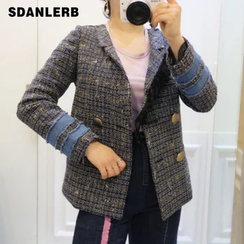 

2019 Autumn Small Fragrance Blazer Women Stitching Sleeve Plaid Loose Fashion Double-breasted Small Suit