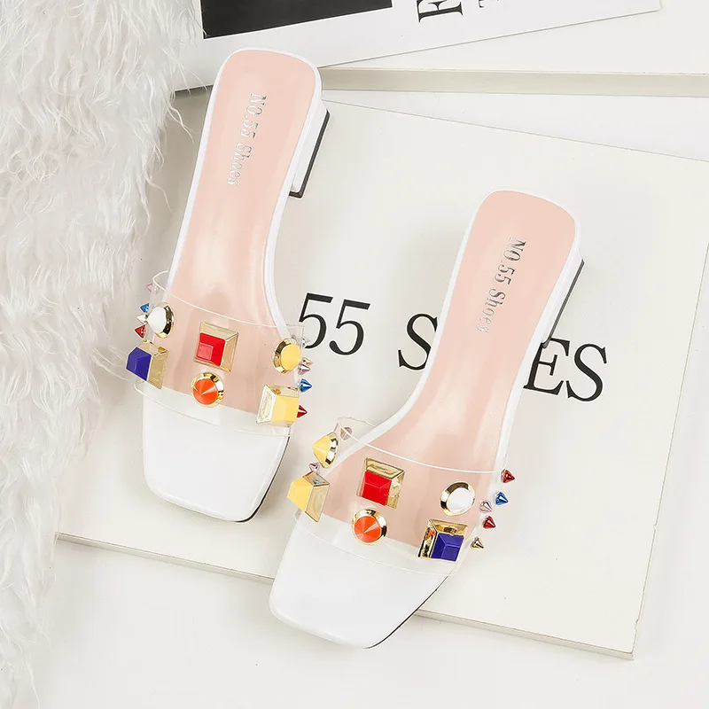 

2020 Summer Women Crystal 4cm block High Heels Mules Shales Slides Female Rivets Strange Heels Slippers Sexy Fashion Nude Shoes