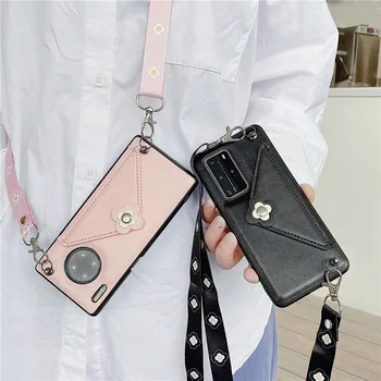 

Fashion Flower PU Leather Card Slot Lanyard Crossbody Wallet Case For Huawei P30 P40 Mate 30 Nova 5 Pro 4 6 Shoulder Strap Cover