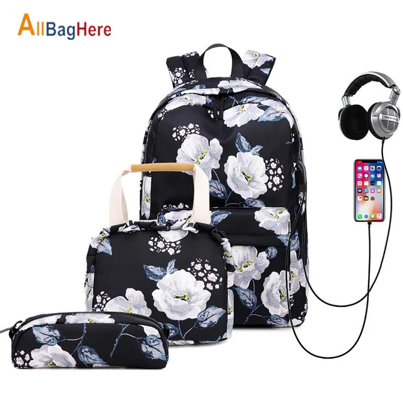 

Модный рюкзак для девочек с цветочным принтом из трех предметов, школьные легкие книжные сумки, нейлоновые водонепроницаемые школьные сумки для подростков, Женский дорожный рюкзак