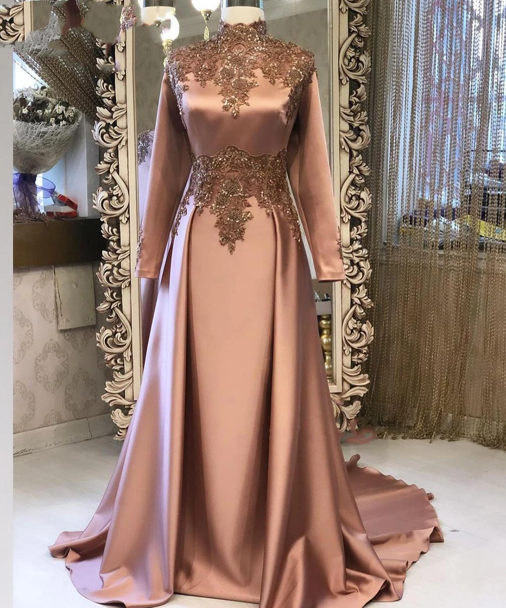 Elegante vestido de noche musulmán árabe de Dubái, color marrón, mangas con apliques de encaje y cuentas, vestidos formales de fiesta de graduación|Vestidos de noche| - AliExpress