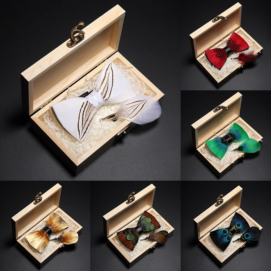 Gusleson оригинальный новый дизайн натуральный галстук-бабочка с перьями изысканный ручной работы Мужская брошь-бант булавка деревянный