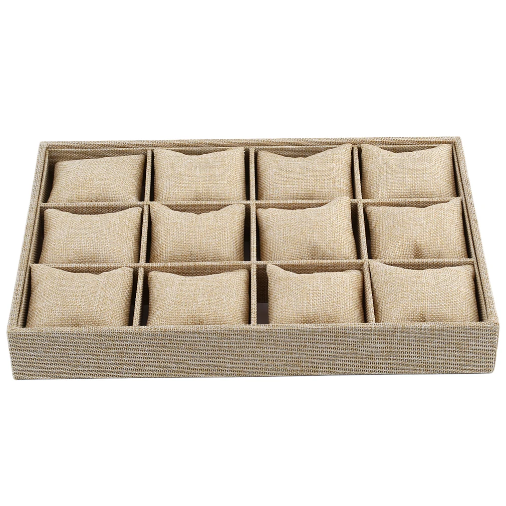 

12 Grids Watch Display Case Bracelet Jewelry Disply Holder Container Box With Soft Pillow Style Thick Hemp Jewelry Organizer