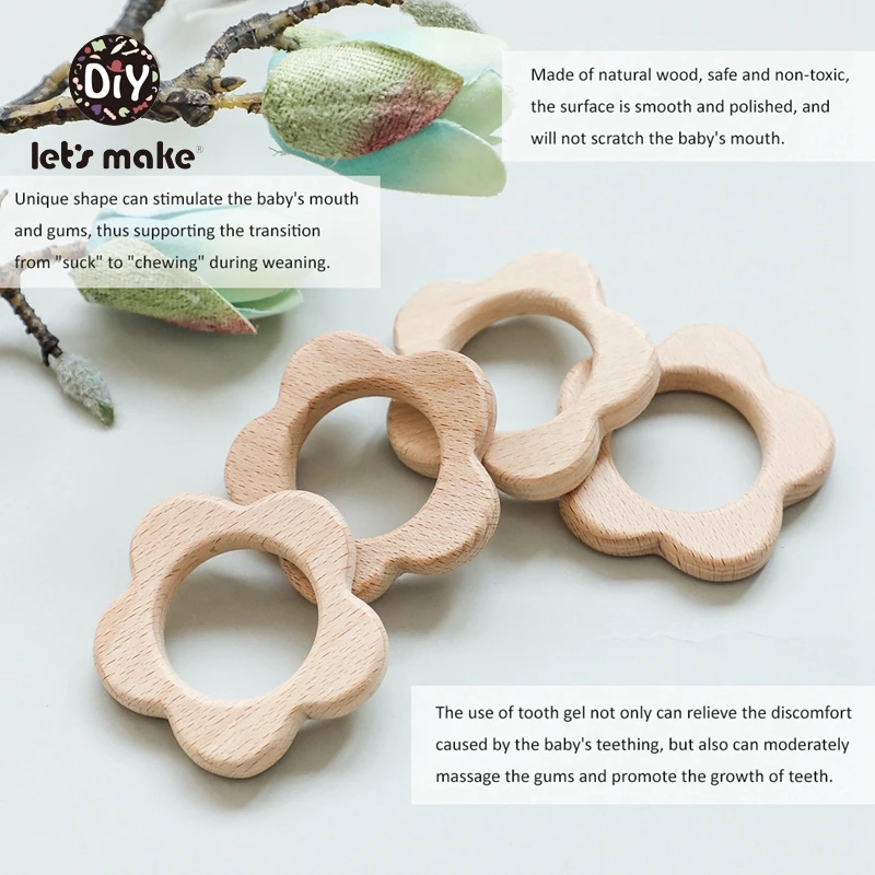 Let's Make Baby Teether Wooden Rodent 1PC Flower Leaves Moon Cartoon Beech Food Grade BPA Free Childen's Goods Teething Toys