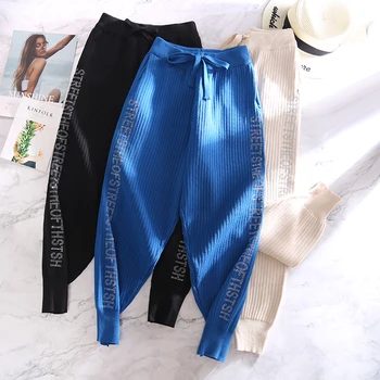 

Autumn winter new fashion elastic waist drawstring letters hot drilling casual harem pants loose knitted sweater carrot pants