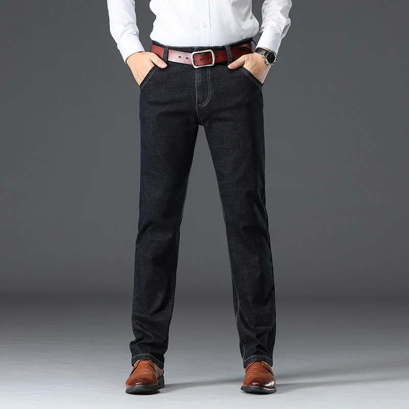 Большие размеры 42, 44, 46, мужские классические стильные эластичные облегающие прямые джинсы, черные, синие, мужские Модные деловая Повседневная из хлопка, джинсовые штаны