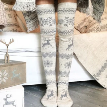 

Women Ladies Cable Knit Stockings Snowflake Pattern Casual Warm Winter Autumn Stockings Over Knee Thigh High Long Boots Female