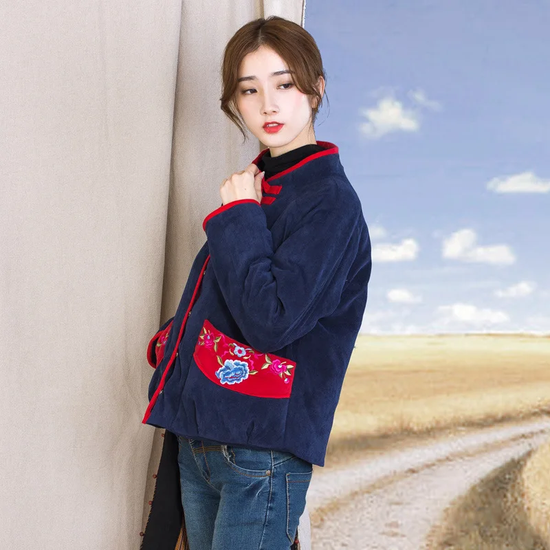 

2019 Autumn And Winter New Style Ethnic-Style WOMEN'S Dress Chinese Style Embroidered Cotton Coat Retro Thick Cotton Overcoat Wi