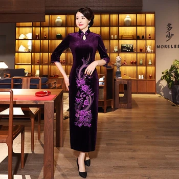 

Purple Gold velvet cheongsam long section large size middle-aged mother catwalk show costumes solid color high-end cheongsa
