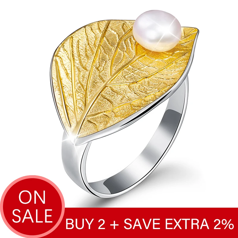 Lotus Fun Real 925 Sterling Silver Natural Pearl 18K Gold Leaf Ring Fine Jewelry Creative Designer Open Rings for Women Bijoux - Image 2