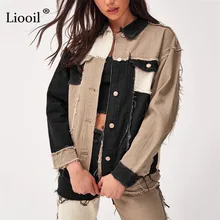 

Liooil Patchwork Denim Loose Coats And Jackets Women Fall Winter Streetwear Color Block Jacket Button Up Pockets Sexy Thin Coat