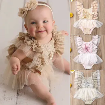 

Newborn Baby Girl Ruffle Sleeve Flower Romper Body Suit Jumpsuit Outfits Sunsuits Lace Fly Sleeve Summer Clothes Clothings New