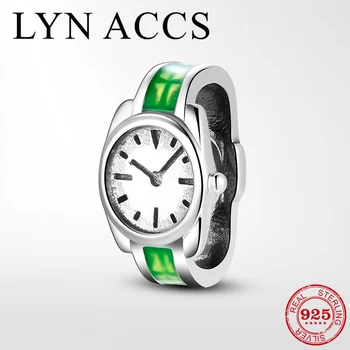 

LYNACCS Silver 925 Jewelry Charms Jewelry Making Green Enamel Watch Shape Beads fits Original Women Bracelet Bangles DIY