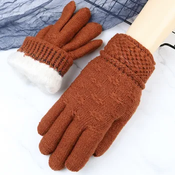 

Winter Knit Gloves Girl Korean Color Jacquard Cashmere Thickening Plus Velvet Mittens Students Outdoor Daily Warm Riding Glove