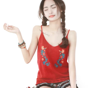 

AIGYPTOS Original Design Retro Sen Women Ethnic Style Embroidery Base Knitting Small Sling Knitwear Wool Vest Top