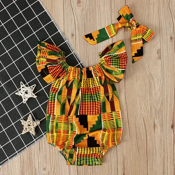 

2019 Toddler Baby Girls African Print Off Shoulder Romper Hair Band Clothes