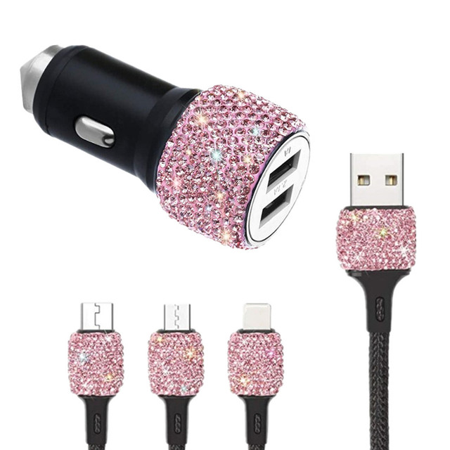USB Car Charger 5V 2.1A Dual Port Fast Adapter with Type C Micro USB 3 In 1 Multi Charging Cable for IPhone Ipad Android