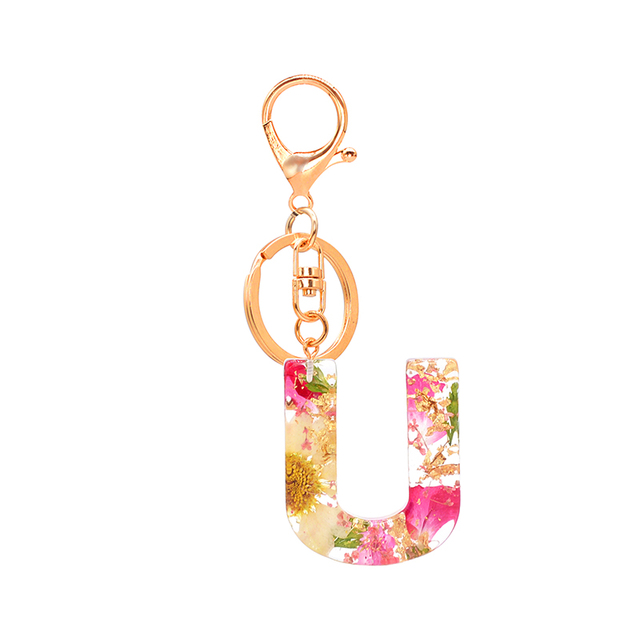 Dried Flower Letter Keychain Creative Colorful 26 English Letter Initial Resin Handbag Keyring Accessories For Women