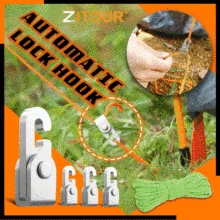 Zezzo® Automatic Lock Hook Self-locking Free Knot Easy Tighten Rope Kit For Camping Tent Accessories 4pcs Hooks with 1pc 6m Rope