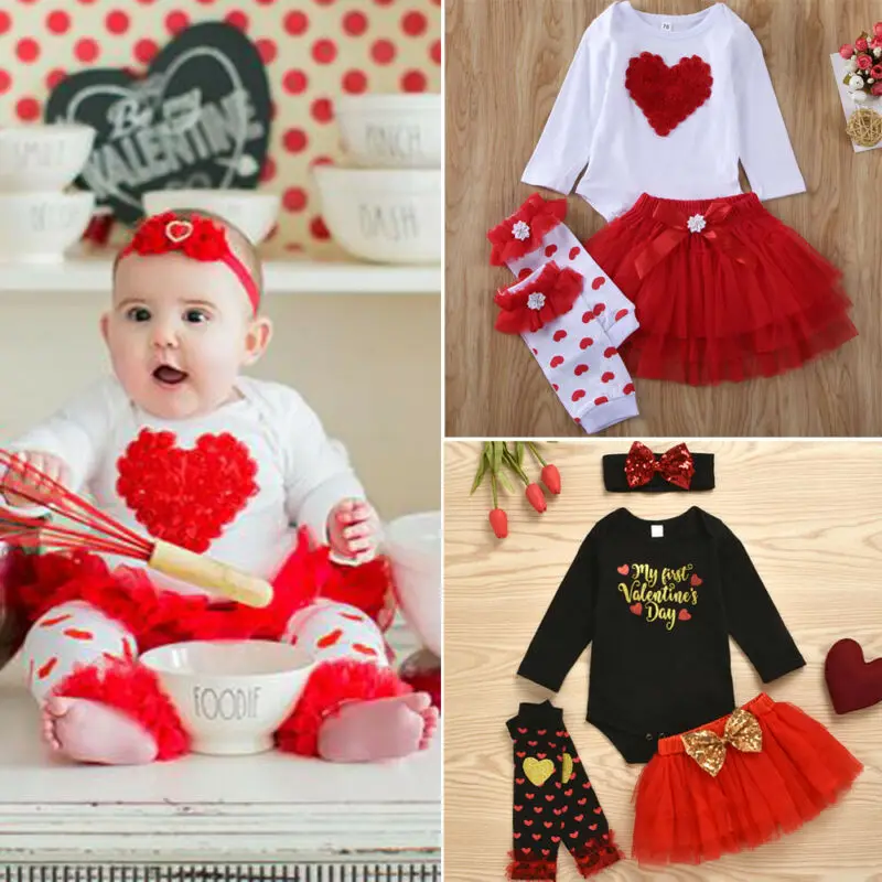 

CANIS 3PCS My First Valentine's Day Long Sleeve Patchwork Bodysuit Bowknot Tutu Skirt Girl Baby Dress Set
