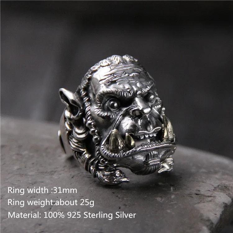 

925 Sterling Silver Men Unique Rings Warcraft Character Avatar Thai Silver Retro Domineering Open Ring for Men Unique Jewelry
