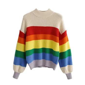 

Vintage sweater women rainbow stripe long sleeve O neck women's sweater casual knitted pullovers female jumpers women tops