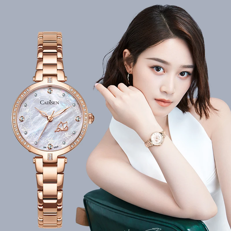 Часы женские кварцевые под золото 18 карат с японским механизмом и сапфировым