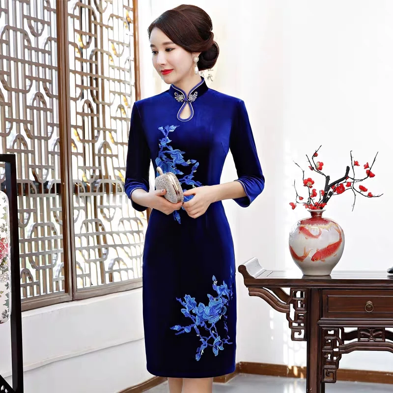Embroidery Blue Золотое бархатное платье Ципао с бисером средней длины женское платье с рукавом три четверти Чонсам ежедневно винтажное платье с воротником-стойкой - Цвет: Embroidery Blue