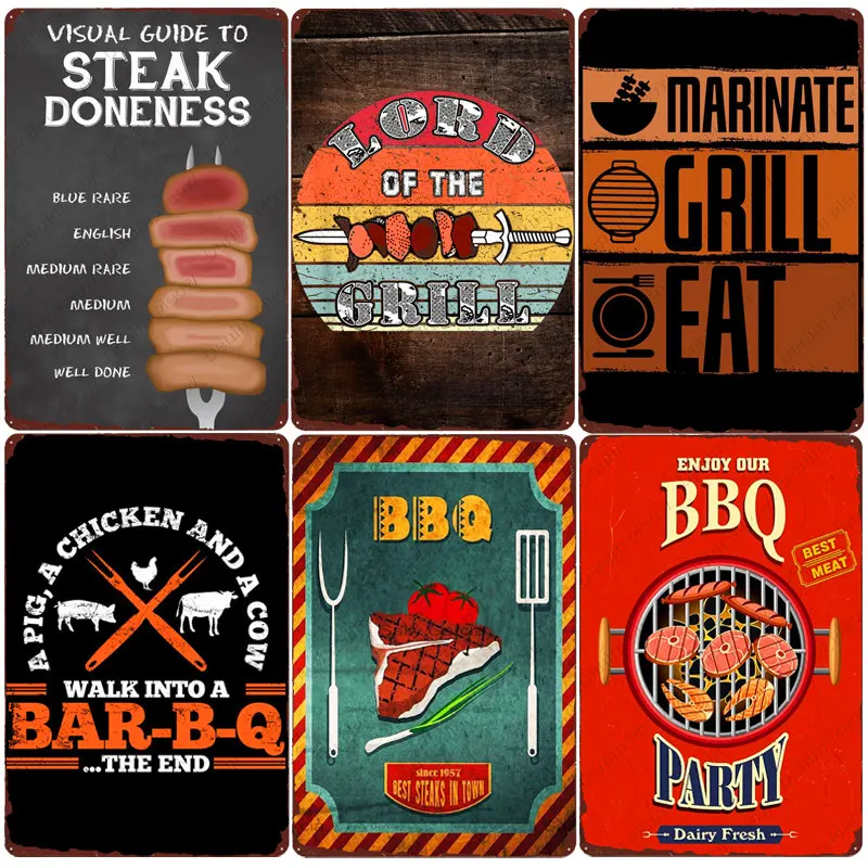 

BBQ Party Plaque Bar-B-Q Time Vintage Metal Tin Sign Bar Pub Outdoor Decor Lord Of The Grill Painting Dad's BBQ Art Poster MN167