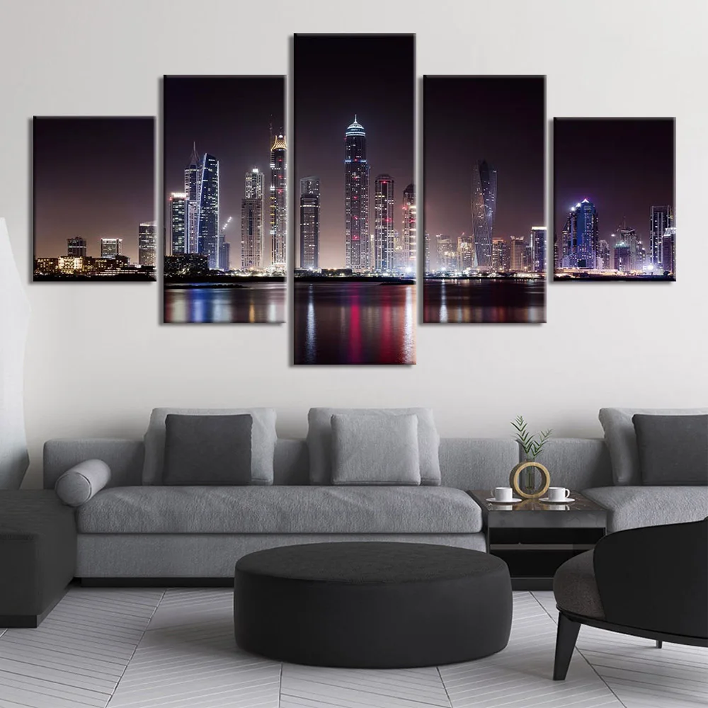 

No Framed Canvas 5Pcs New York Night View Lake Scenery Wall Posters Paintings Decorative Prints Home Decor Decoration Pictures