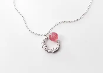 

1pc Gift 100% real Sterling Silver 925 Fine Jewelry Strawberry Quartz &Moon Crescent Pendant Necklace GTLX1960