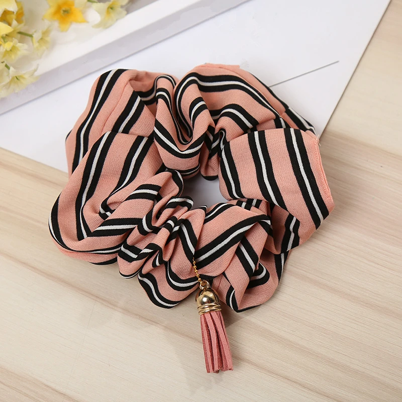 AOMU 5Pcs/lot Scrunchie For Women Girls Elasticity Ponytail Hair Ties Hairband Hair Rope Striped Tassel Pendant Hair Accessories