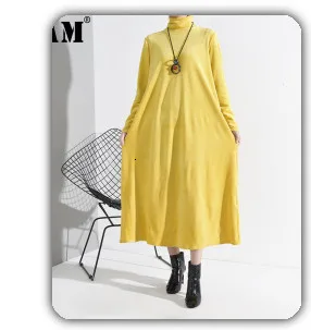 [EAM] женское клетчатое платье средней длины с завязками в горошек, большой размер, новинка, круглый вырез, длинный рукав, свободный крой, мода, волна, Ранняя весна, 1M848