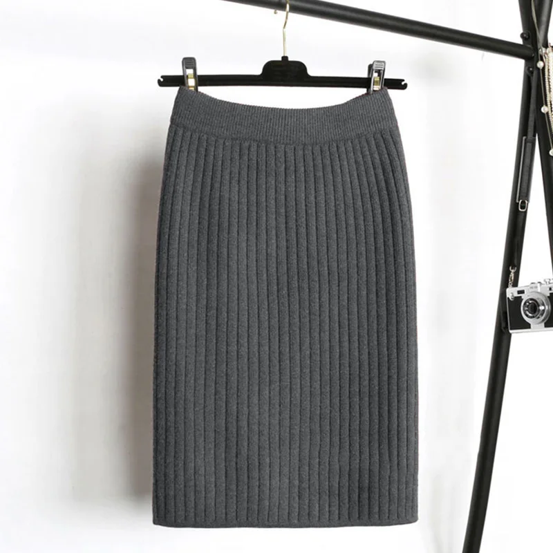 Для женщин Эластичная лента юбки 65/75 см осень-зима теплый вязаный прямая юбка женская одежда чёрный; коричневый в рубчик, средней длины, юбка - Цвет: Dark Grey 65cm