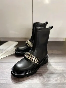 

New Design Ankle Boots Women Mental Chain Decor Thick Bottom Black Genuine Leather Slip-on 2020 Winter Luxury Brand Shoes Women