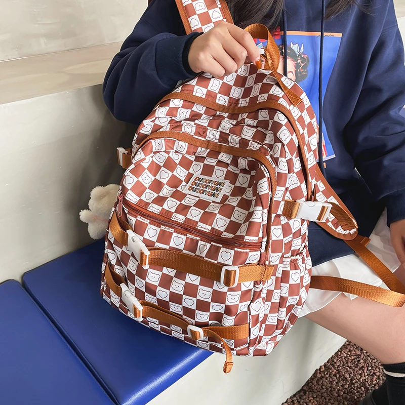 Cute Plaid Women Canvas Backpack Teenage Girls School Books Bag Large Capacity Young Ladies Laptop Bags Female Travel Backpacks