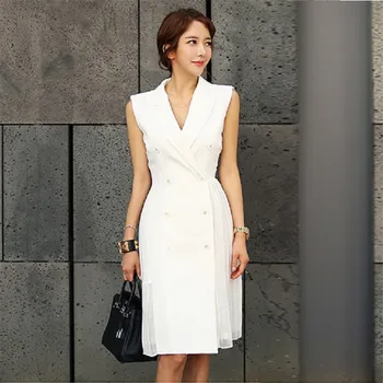 

double-breasted pencil dress women sleeveless patchwork party dress wear work office business dresses vestidos D973