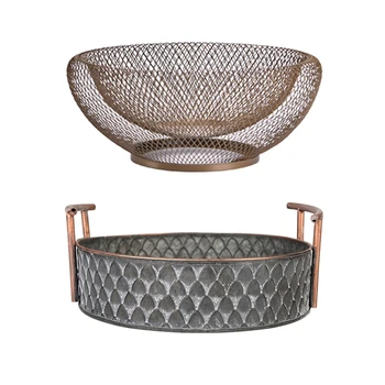 

2 Pcs European Handcrafted Round Antique Decorative Trays with Handles Retro Desk Kitchen Storage Organizer for Home Decor,22X22