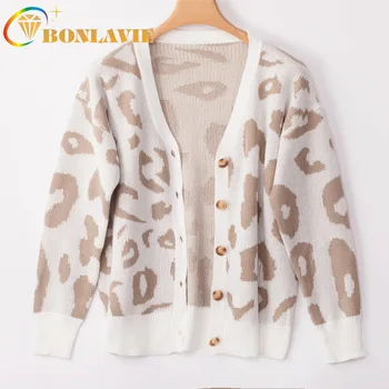 

2019 Autumn and Winter Sweater New Fashion Three-color Leopard Print Pattern Long Sleeve Cardigan Women's Knitting Sweater