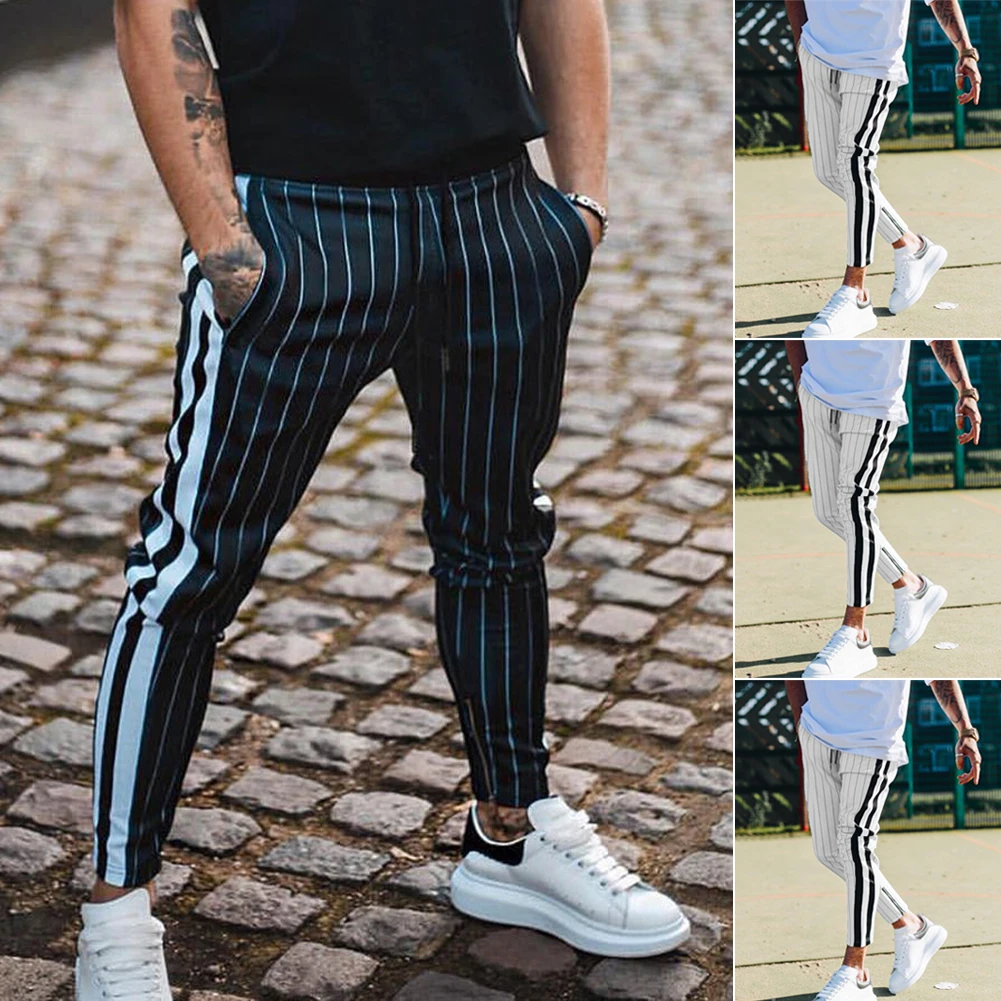 Модные мужские брюки-джоггеры в английском стиле, мужские новые длинные узкие брюки в полоску, повседневные брюки, брюки на шнурке, 2019