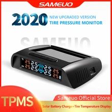 Sameuo tpms sensor tpms carro monitor de alarme pressão dos pneus sistema vidro sem fio energia solar tpms com 4 senso externo para carros