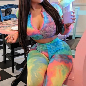 

Womens Tie-dye Printed Long Sleeve Sets Spring Autumn Fashion Sexy Low Collar Tight Trousers Comfortable Breathable Suit Casual