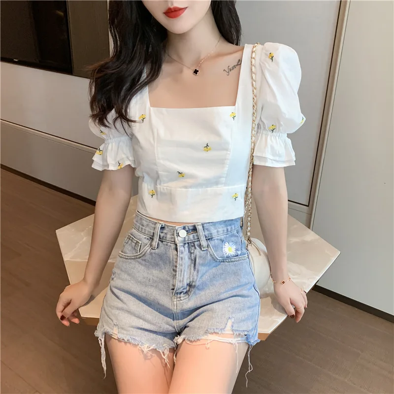 Blouse Et Chemisier Femme Vintage Square Neck Back Bow Bandage Sexy Crop Top Short Sleeve Summer Floral Embroidery Shirts Women 4