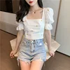 Blouse Et Chemisier Femme Vintage Square Neck Back Bow Bandage Sexy Crop Top Short Sleeve Summer Floral Embroidery Shirts Women 4