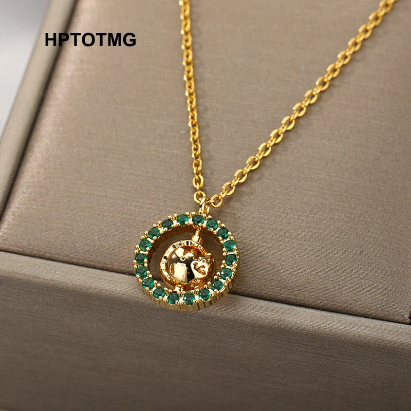 Green Zircon Rotatable Globe Bead Pendant Necklace for Women Men Stainless Steel Gold Chain Goth Aesthetic Choker Jewelry Gifts | Украшения