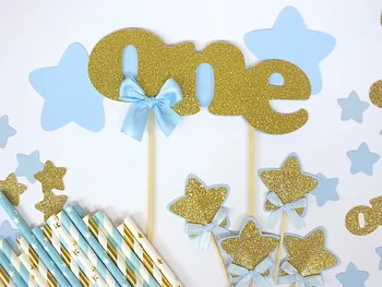 

Baby Blue Gold Birthday, Twinkle Star Party, High Chair Banner, Cake Topper, Cupcake Toppers, Confetti, First Birthday, Paper