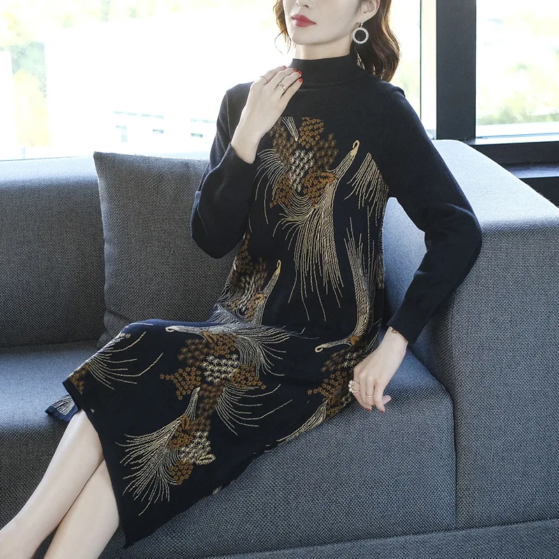 

2019 Winter New Style Fashion High Collar Trend Loose-Fit Slimming Temperment Printed Mid-length Dress WOMEN'S Dress
