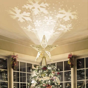 

3D Hollow Star Christmas Tree Topper Lighted Sparkling Star with Rotating Snow Flake Projector Christmas Trees Decoration